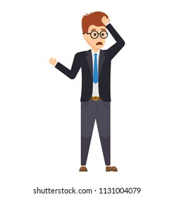 
Human avatar of manager in office suiting with sad, worried and upset gestures on his face
