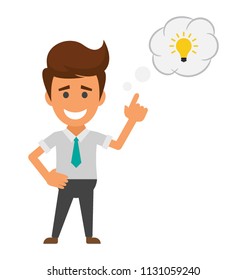 
Human avatar of office character standing straight with lightbulb showing gesture of being innovative by generating brand new ideas 
