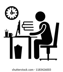 Human avatar of office worker sitting in front of computer with pile of papers next to him