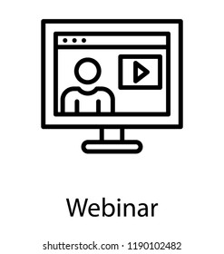 Human avatar on monitor screen with play sign showing icon for online tutoring