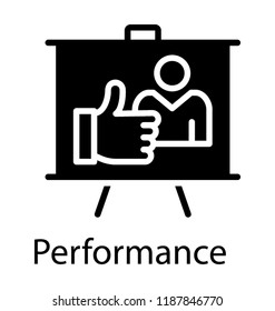 Human avatar on projection screen with thumbs up sign, performance icon 