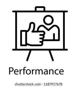 Human avatar on projection screen with thumbs up sign, performance icon 