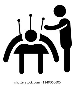 
Human avatar piercing needles into body of another laying human, symbolizing needling physiotherapy icon 
