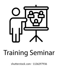 Human avatar pointing towards a presentation board denoting training seminar icon