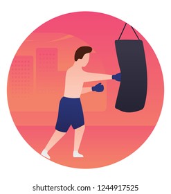 Human avatar punching a bag boxing flat icon