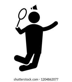Human avatar with racket and shuttle in service action denoting badminton
