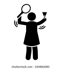 Human avatar with racket and shuttle in service action denoting badminton
