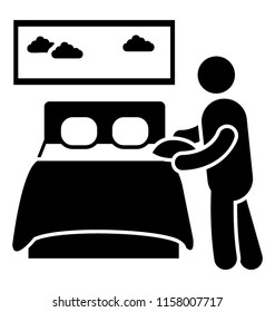 
A human avatar setting up bed depicting hotel room

