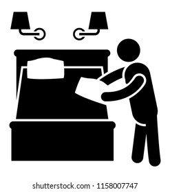 
A human avatar setting up pillow on bed
