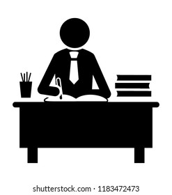 Human avatar sitting on working desk with books aside conceptualizing teacher desk icon