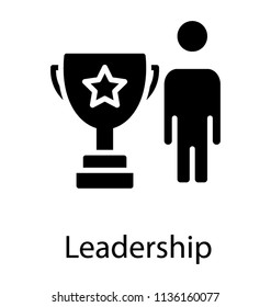Human avatar standing along a trophy with star sign, making concept for leadership icon 