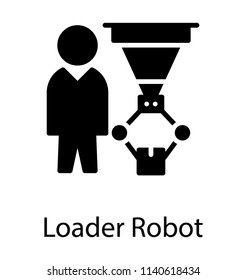A human avatar standing besides robotic hand for manufacturing process, glyph icon of industrial robot