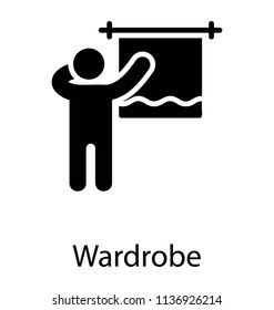 A human avatar standing in front of sliding door and deciding for outfit depicting wardrobe 