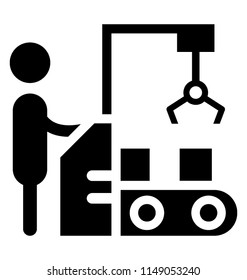 
A human avatar standing next to conveyor belt that is linked with mechanical claw
