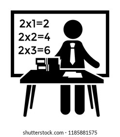 Human avatar standing on his table with a board having mathematical figures, enlightening maths training icon