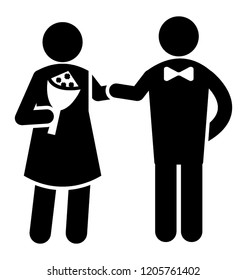 Human avatar standing together holding flowers depicting loving couple  
