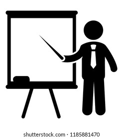Human avatar standing towards a board representing whiteboard icon 