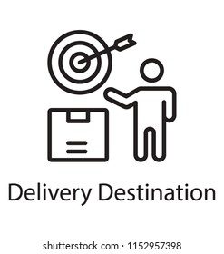 
Human avatar throwing dart on a targeted board and package alongside a notion for targeted destination for delivery 
