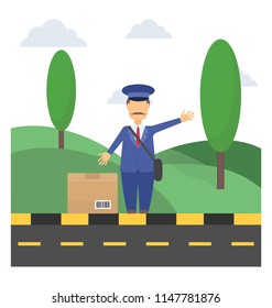 
Human avatar in uniform, holding package to describe postman icon

