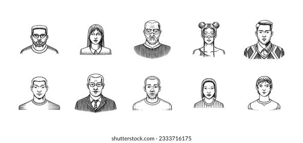 Human Avatars Collection. Diverse faces of people. Characters set. Happy emotions. Portrait for social media, website. Men and women, grandparents and girls. Hand drawn doodle sketch.