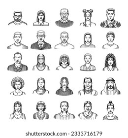 Colección de avatares humanos. Diversas caras de la gente. Juego de caracteres. Emociones felices. Retrato para medios sociales, sitio web. Hombres y mujeres, abuelos y niñas. Esbozo de doodles dibujado a mano.