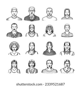 Colección de avatares humanos. Diversas caras de la gente. Juego de caracteres. Emociones felices. Retrato para medios sociales, sitio web. Hombres y mujeres, abuelos y niñas. Esbozo de doodles dibujado a mano.