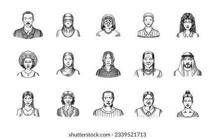 Colección de avatares humanos. Diversas caras de la gente. Juego de caracteres. Emociones felices. Retrato para medios sociales, sitio web. Hombres y mujeres, abuelos y niñas. Esbozo de doodles dibujado a mano.