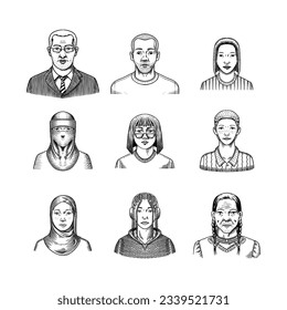 Human Avatars Collection. Diverse faces of people. Characters set. Happy emotions. Portrait for social media, website. Men and women, grandparents and girls. Hand drawn doodle sketch.