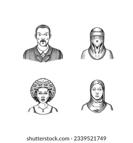 Human Avatars Collection. Diverse faces of people. Characters set. Happy emotions. Portrait for social media, website. Men and women, grandparents and girls. Hand drawn doodle sketch.