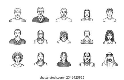 Human Avatars Collection. Diverse faces of people. Characters set. Happy emotions. Portrait for social media, website. Men and women, grandparents and girls. Hand drawn doodle sketch.