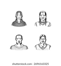 Human Avatars Collection. Diverse faces of people. Characters set. Happy emotions. Portrait for social media, website. Men and women, grandparents and girls. Hand drawn doodle sketch.