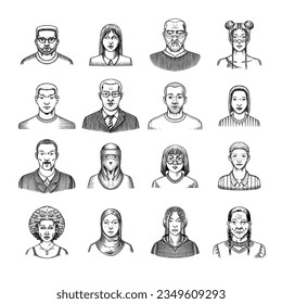 Human Avatars Collection. Faces of people. Characters set. Happy emotions. Portrait for social media, website. Men and women, grandparents and girls. Hand drawn doodle sketch.