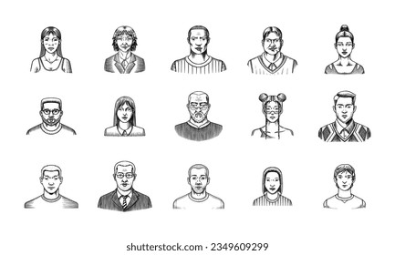 Human Avatars Collection. Faces of people. Characters set. Happy emotions. Portrait for social media, website. Men and women, grandparents and girls. Hand drawn doodle sketch.