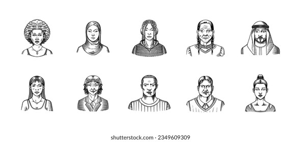 Human Avatars Collection. Faces of people. Characters set. Happy emotions. Portrait for social media, website. Men and women, grandparents and girls. Hand drawn doodle sketch.