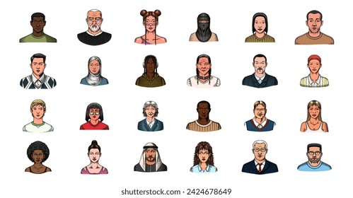 Human Avatars Collection. Faces of people. Characters set. Happy emotions. Portrait for social media, website. Men and women, grandparents and girls. Hand drawn doodle sketch.