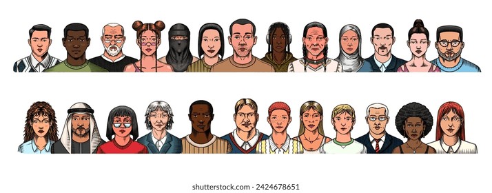 Human Avatars Collection. Faces of people. Characters set. Happy emotions. Portrait for social media, website. Men and women, grandparents and girls. Hand drawn doodle sketch.