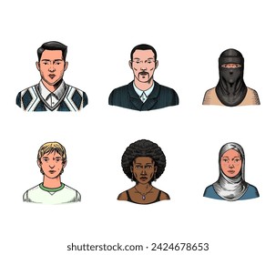 Human Avatars Collection. Faces of people. Characters set. Happy emotions. Portrait for social media, website. Men and women, grandparents and girls. Hand drawn doodle sketch.