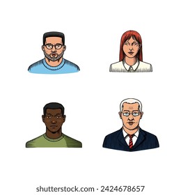 Human Avatars Collection. Faces of people. Characters set. Happy emotions. Portrait for social media, website. Men and women, grandparents and girls. Hand drawn doodle sketch.