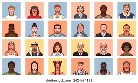 Human Avatars Collection. Faces of people. Characters set. Happy emotions. Portrait for social media, website. Men and women, grandparents and girls. Hand drawn doodle sketch.