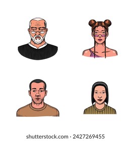 Human Avatars Collection. Faces of people. Characters set. Happy emotions. Portrait for social media, website. Men and women, grandparents and girls. Hand drawn doodle sketch.
