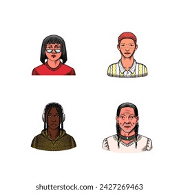 Human Avatars Collection. Faces of people. Characters set. Happy emotions. Portrait for social media, website. Men and women, grandparents and girls. Hand drawn doodle sketch.