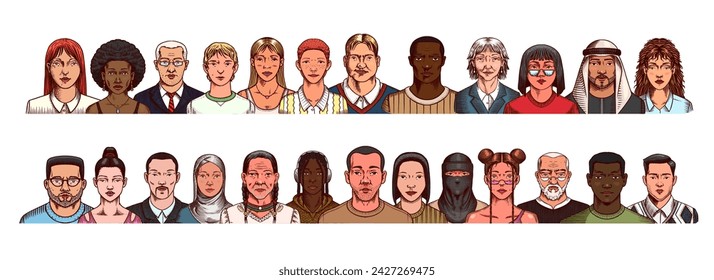 Human Avatars Collection. Faces of people. Characters set. Happy emotions. Portrait for social media, website. Men and women, grandparents and girls. Hand drawn doodle sketch.