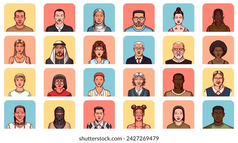 Human Avatars Collection. Faces of people. Characters set. Happy emotions. Portrait for social media, website. Men and women, grandparents and girls. Hand drawn doodle sketch.