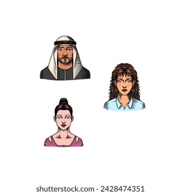Human Avatars Collection. Faces of people. Characters set. Happy emotions. Portrait for social media, website. Men and women, grandparents and girls. Hand drawn doodle sketch.