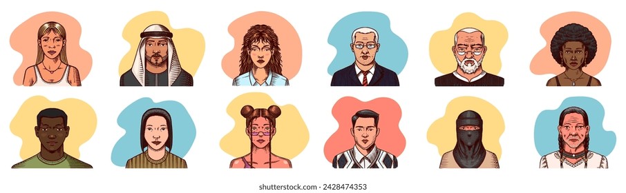 Human Avatars Collection. Faces of people. Characters set. Happy emotions. Portrait for social media, website. Men and women, grandparents and girls. Hand drawn doodle sketch.