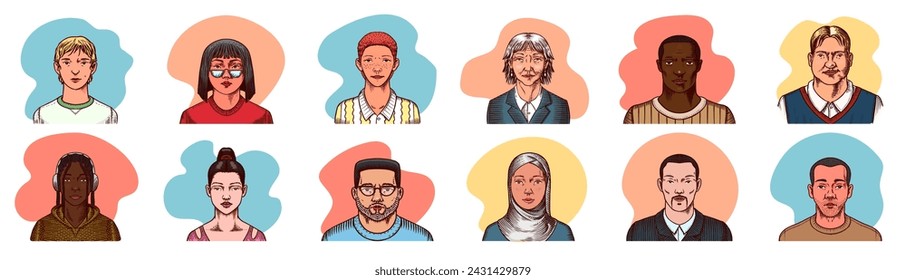 Human Avatars Collection. Faces of people. Characters set. Happy emotions. Portrait for social media, website. Men and women, grandparents and girls. Hand drawn doodle sketch.