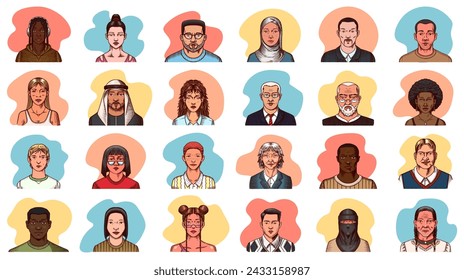 Human Avatars Collection. Faces of people. Characters set. Happy emotions. Portrait for social media, website. Men and women, grandparents and girls. Hand drawn doodle sketch.