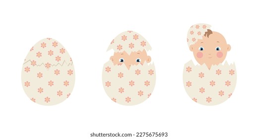 Human baby hatching from egg, embryo development evolution, vector illustration.