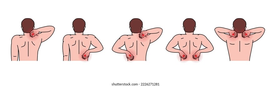 Human back and neck pains. Ache in head, neck and back. Pain in different part of man body set. Health problem of muscle pain and spinal issues.