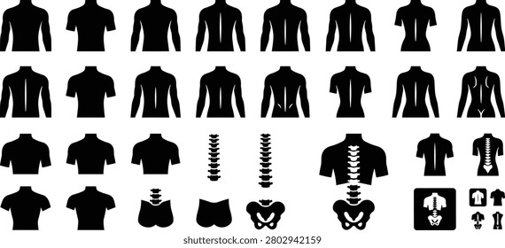 Human back and spine silhouettes collection, medical icons showing back anatomy, bones, and posture for chiropractic health care design.
